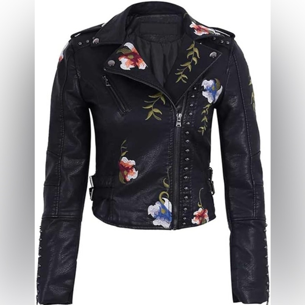 Black Floral Embroidered Studded Faux Leather Jacket Moto Bomber Jacket Coat New
